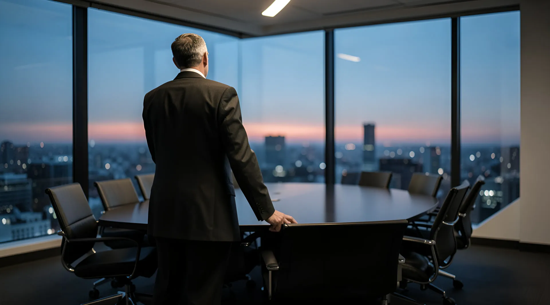 An executive stands alone at the head of an empty boardroom table at dusk, one hand on the back of the unoccupied chair at its head.