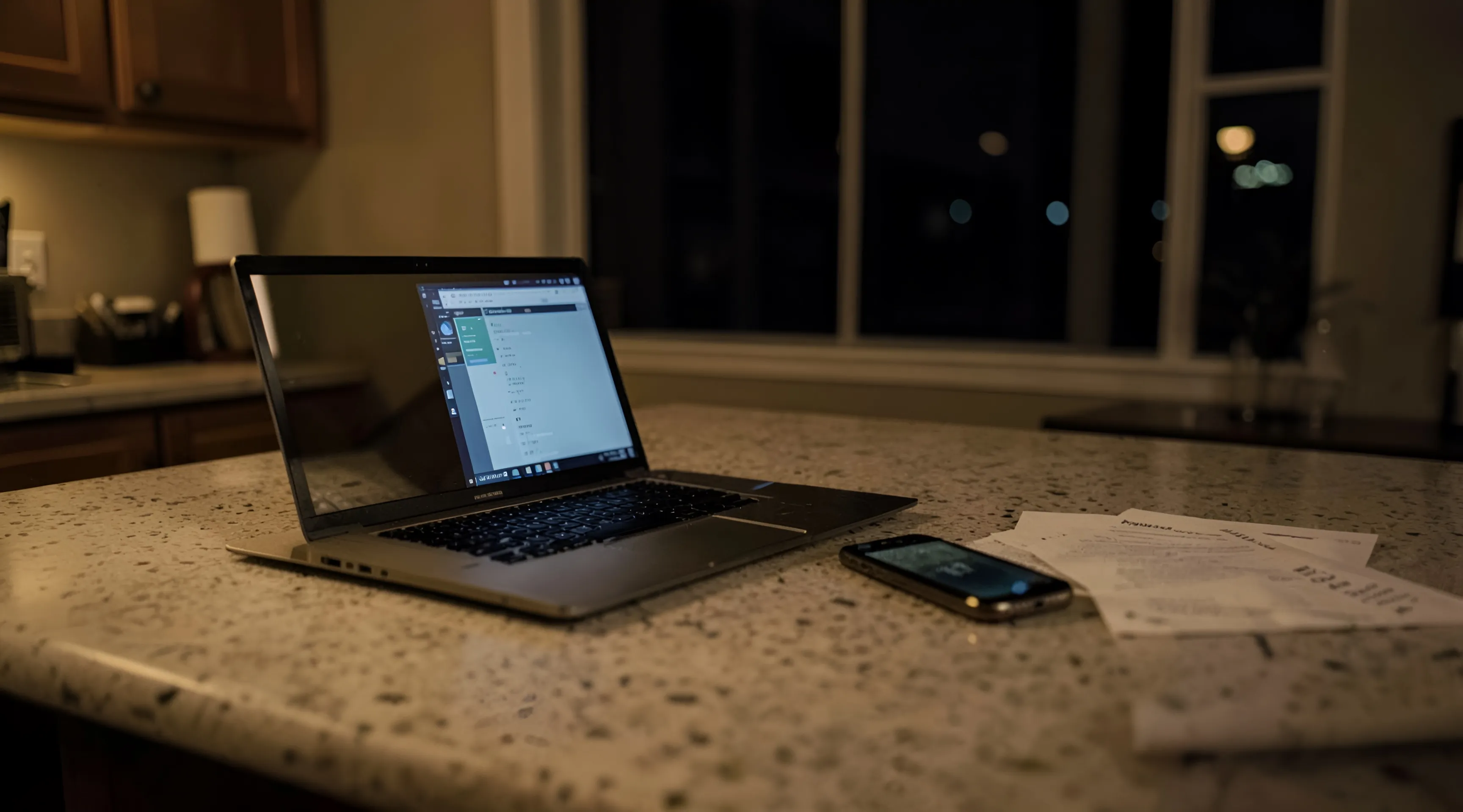 An open laptop on a kitchen island late at night, a phone lit beside it and loose papers at the edge of the counter, against a dark window.